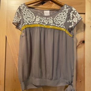 Saviana Light Airy Silk Shirt with sequins and embroidery, size Medium, Grey